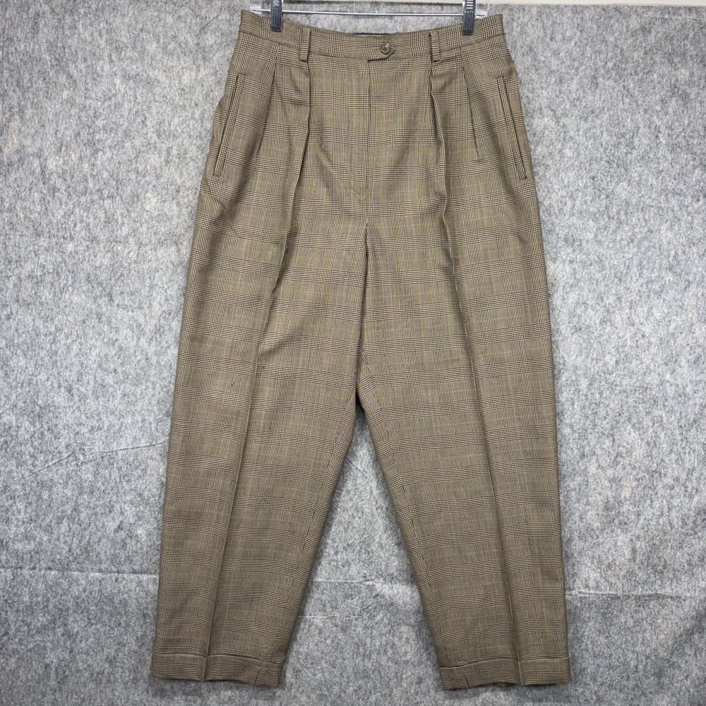 Vintage Lauren Ralph Lauren Wool Trousers Lined Women 12 30x28 Pleated Plaid Tan